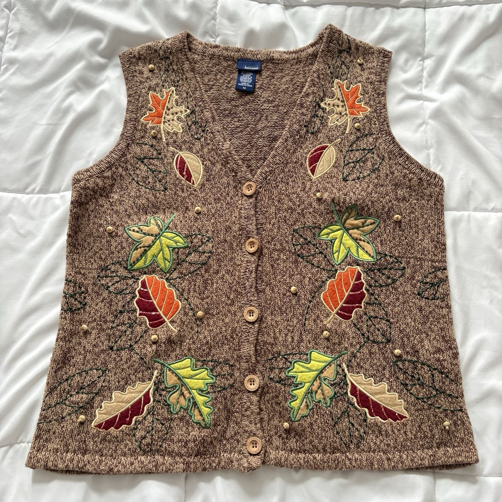 Vintage Sweater Vest Womens Small Holiday Fall Leaves 80s Teacher Eclectic 90s